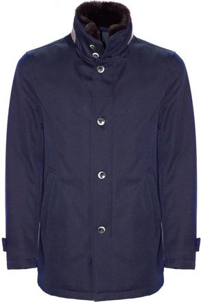 Herno Blauwe wollen jas met bontafwerking - Heren - Mantel - Blauw - 2XL - Wol - Jassen