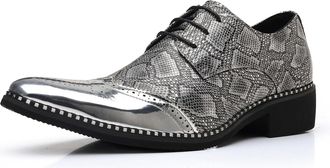 Generic Mens Shiny Snake Print Brogue Oxford Shoes | Metallic PU Leather Wingtip Dress Shoes for Party, Wedding, Stage and Club Wear,Silver,5.5 UK