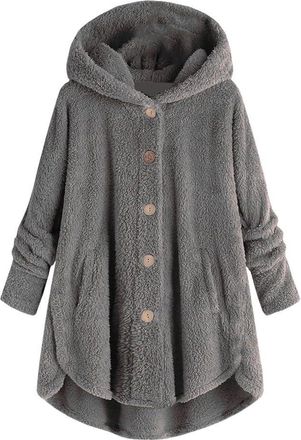 Generic Womens Teddy Bear Jacket Fleece Button Hoodies Pockets Winter Fuzzy Jumper Button Side Split Coat Warm Fluffy Sherpa Jacket Oversized Soft Fleece Casu