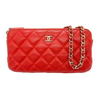 Chanel Red Color Leather Chain/Shoulder Wallet (Pre-Owned)