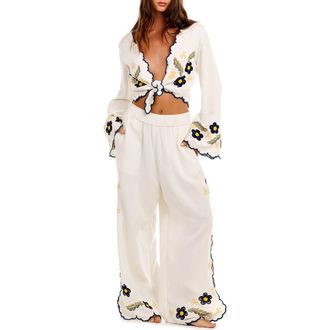 Agua Bendita Embroidered Wide Leg Cover-Up Pants in White at Nordstrom, Size Medium