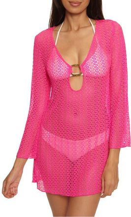 BECCA by Rebecca Virtue Metallic Long Sleeve Sheer Cover-Up Dress in Strawberry at Nordstrom, Size Medium