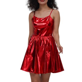 Generic Womens Shiny Metallic A-line Dress Cap Sleeve Skater Mini Dress Holographic Rave Party Dance Costume for Ladies Red
