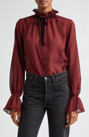 Ganni Check Seersucker Tie Neck Shirt in Winery at Nordstrom Rack, Size 14 Us / 44 Eu