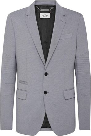 Philipp Plein logo-patch jersey blazer - men - Elastane/Polyamide/Cotton/Viscose/Acetate - 46 - Grey