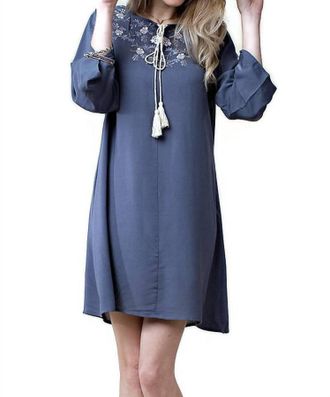 Greek Archaic Kori Floral Embroidered Shift Dress In Slate