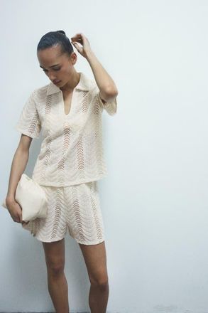 H&M Crochet-look Polo Shirt in Light Beige at Nordstrom, Size X-Small