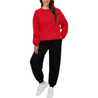 Generic Womens Lounge Wear Sets Long Sleeve Crewneck Solid Color Two Piece Outfit Hoodie Jogger Tracksuit Set Sweatshirt Sweatpants Baggy Jogger Pant Co Ord S