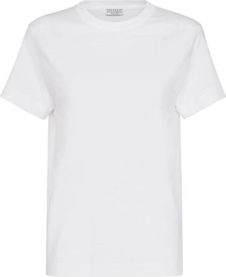 Brunello Cucinelli Monili-Trim Katoenen T-shirt - Dames - Tops - Wit - Maat: XS Katoen