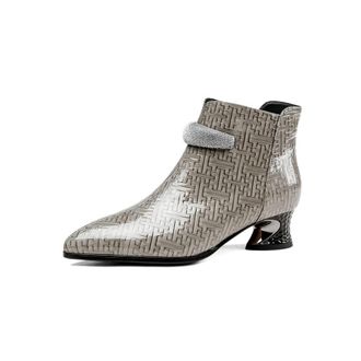 TinaCus Womens Pointed Toe Glossy Patent Leather Handmade Zipper Low Chunky Heels Casual Ankle Boots, Grey, 7 UK