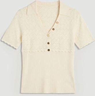 Karen Millen Womens Plus Size Knit Stitch Detail Rib Collared Short Sleeve Top - Cream polyamide - Size X-Large