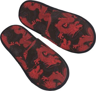 Generic Warm Slipper Red Chinese Dragon Home Slipper Unisex Fluffy Slippers Non-Slip Scuff Slippers For Travel Party Bedroom L