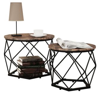VCM Vcm - Set De 2 Mesa Lateral De Metal De Madera Mesa De Centro Sofatic Mesa De Noche Helaro M (roble Vintage)