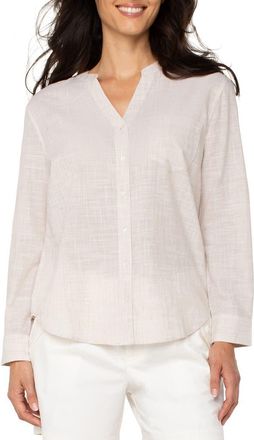 Liverpool L.A. Crosshatch Band Collar Cotton Button-Up Shirt in Light Tan/white Crosshatch at Nordstrom Rack, Size X-Small