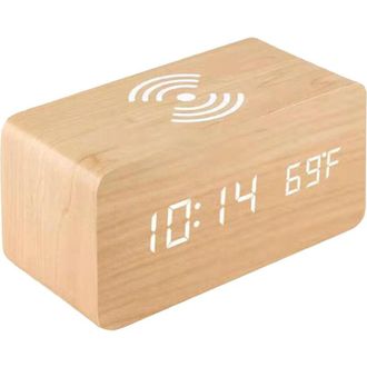 OEM Reloj Despertador Digital De Madera Con Pantalla Electr&oacute;nica Led Para Dormitorio, Carga Inal&aacute;mbrica De 10 W, 3 Alarmas, Indicador De Fecha Y Temperatu