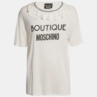 Moschino Boutique Moschino White Logo Print Jersey Crystal Embellished And Ruffled T-Shirt