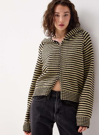 Twik Womens Striped zippered hooded Cardigan Sweater