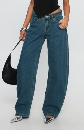 Princess Polly Juda Mid Rise Barrel Leg Jeans in Mid Blue Wash at Nordstrom, Size 12
