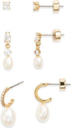 Nordstrom Set of 3 Demi Fine Cubic Zirconia Stud & Pearl Drop Earrings in 14K Gold Plated at Nordstrom Rack