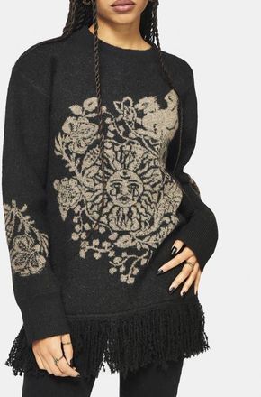 Disturbia Dia Fringe Hem Jacquard Knit Sweater in Black at Nordstrom, Size X-Large