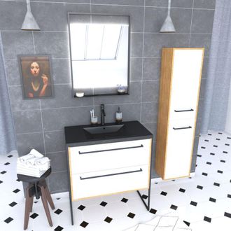 Aurlane Mueble De Ba&ntilde;o 80 Cm, Lavabo Negro, Espejo Led Y Columna - Roble Y Blanco