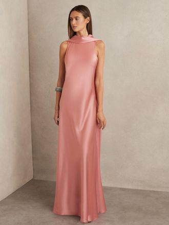 Reiss Womens Light Pink Satin Petite Cape Maxi Dress, Size: 8