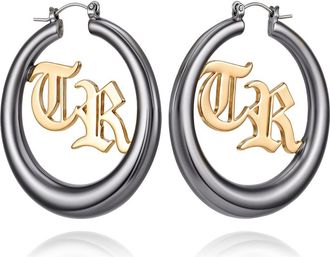 True Religion TR Logo Hoop Earrings in Black Tone at Nordstrom