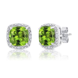 MAX + STONE Sterling Silver 7mm Cushion Cut Gemstone Stud Earrings with Diamond Accent Halo
