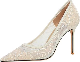 Generic High Heels for Women 9CM Pointed Toe Pump Party Dress Heel Sexy Lace Mesh Sequin for Bride Prom (6.5) Beige