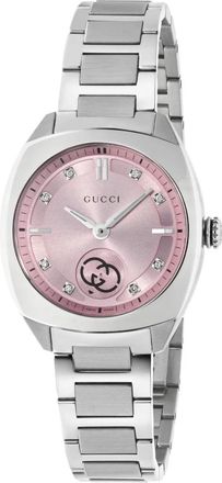 Gucci Interlocking 29mm roestvrijstalen kast- roze wijzerplaat met 8 diamanten- kleine secondeweergave- roestvrijstalen armband - Dames - Horloges - Grijs -