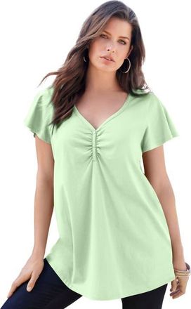 Roaman's Plus Size Cotton Ultimate Flutter Sleeve Sweetheart Tee in Green Mint at Nordstrom, Size 28
