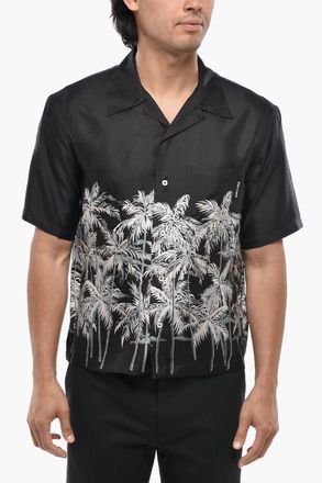 Palm Angels Camicia in Seta a Fantasia a Maniche Corte Palm Angels