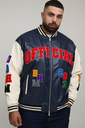 Boohooman Mens Plus Oversized Fit Badge Applique PU Varsity Bomber Jacket - Navy - Size 2XL