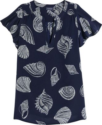 Vineyard Vines Shell Print Flutter Sleeve Silk Top in Tossed Shell - Navy at Nordstrom, Size X-Small