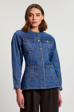 Karen Millen Womens Denim Button Though Rounded Sleeve Jacket - Indigo Blue