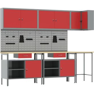 vidaXL Set di Tavolo per Stoccaggio Attrezzi da 10 Pezzi Rosso in Legno Ingegnerizzato e Metallo vidaXL