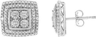 House of Brilliance Silver Diamond Accented Square Shaped Milgrain Stud Earrings in White at Nordstrom