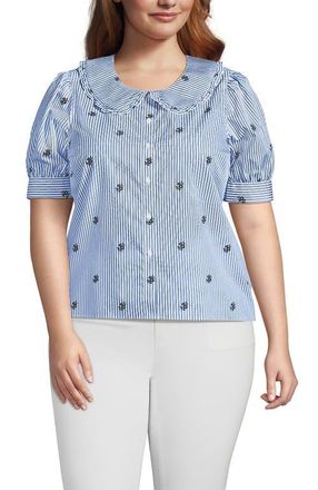 Lands End Easy Care Puff Sleeve Statement Collar Shirt in White/blue Floral Stripe at Nordstrom, Size 3 X