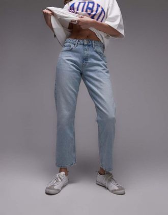 Topshop mid rise straight cropped jean in summer bleach-Blue