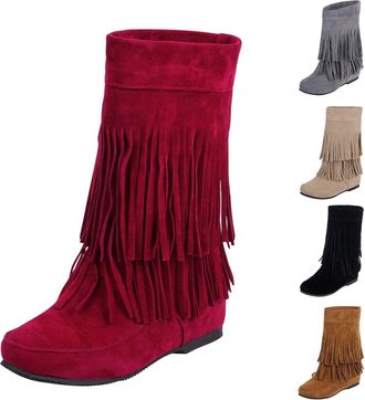 Generic Flat Suede Boots Womens - Mid Calf Boot Fringe Wide Calf Shoes Winter Warm Booties Stylish Plus Size Footwear Flat Bottom Shoe Cowboy Cowgirl Shoes Bo