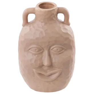 Beliani Florero De Porcelana Beige Arena 26 Cm Hecho A Mano Patr&oacute;n De Cara Sonriente Veria