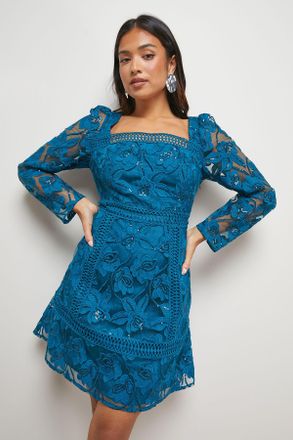 Oasis Womens Petite Lace Trim Detail Mini Dress - Blue - Size 14 UK
