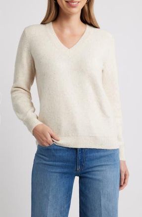 Caslon Sequin V-Neck Sweater in Beige Oatmeal Light Heather at Nordstrom Rack, Size Small