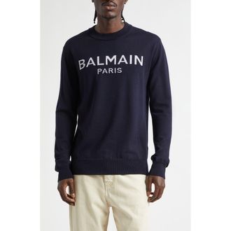 Balmain Paris Logo Jacquard Merino Wool Sweater in Navy/Natural at Nordstrom, Size Xx-Large