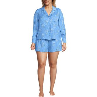 Lands End Plus Size Matte Satin 2 Piece Pajama Set - Long Sleeve Top and Shorts in Bermuda Blue Snow Drop Floral at Nordstrom, Size 2 X