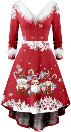 Generic Women Christmas Dress with Faux Fur Collar, Womens Christmas Printed Pullover Dresses for Ladies Casual V-Neck Printed Long Sleeve Dress Casual Long D