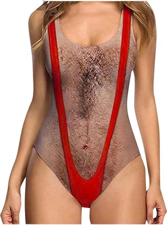 Generic Women Funny Swimsuit Hairy Body Chest Printed Hippie Swimsuits Bathing Suit One Pieces Swimwear Monokini