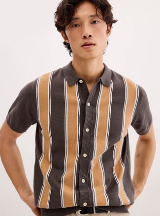 Lindbergh Mens Retro-stripe polo-collar Cardigan Sweater