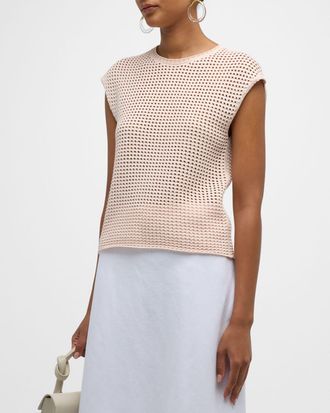 Vince Stitched Mesh Cap-Sleeve Crewneck Top