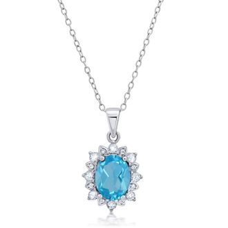 MAX + STONE Sterling Silver Gemstone Oval Pendant Necklace with White Topaz Sunburst Halo 9mm x 7mm with 18 Inch Cable Chain
